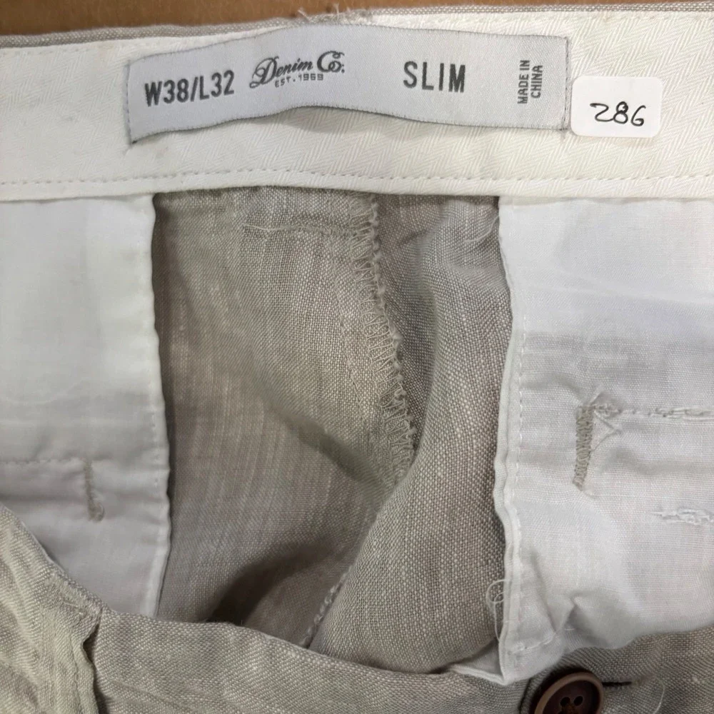 Denim Co. Mens 38x32 100% Linen Slim Fit Pants Beige Flat Front Trousers